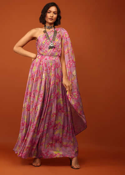 Lavender Purple Floral Print Jumpsuit With Slantly Pleated Bodice And Attached Drape On The Shoulder