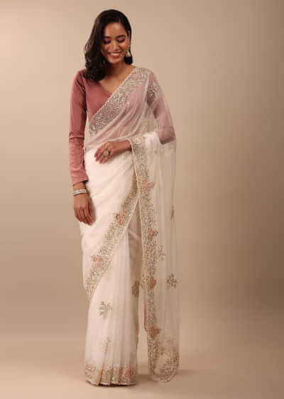Snow White Saree In Organza With 3D Floral Embroidery