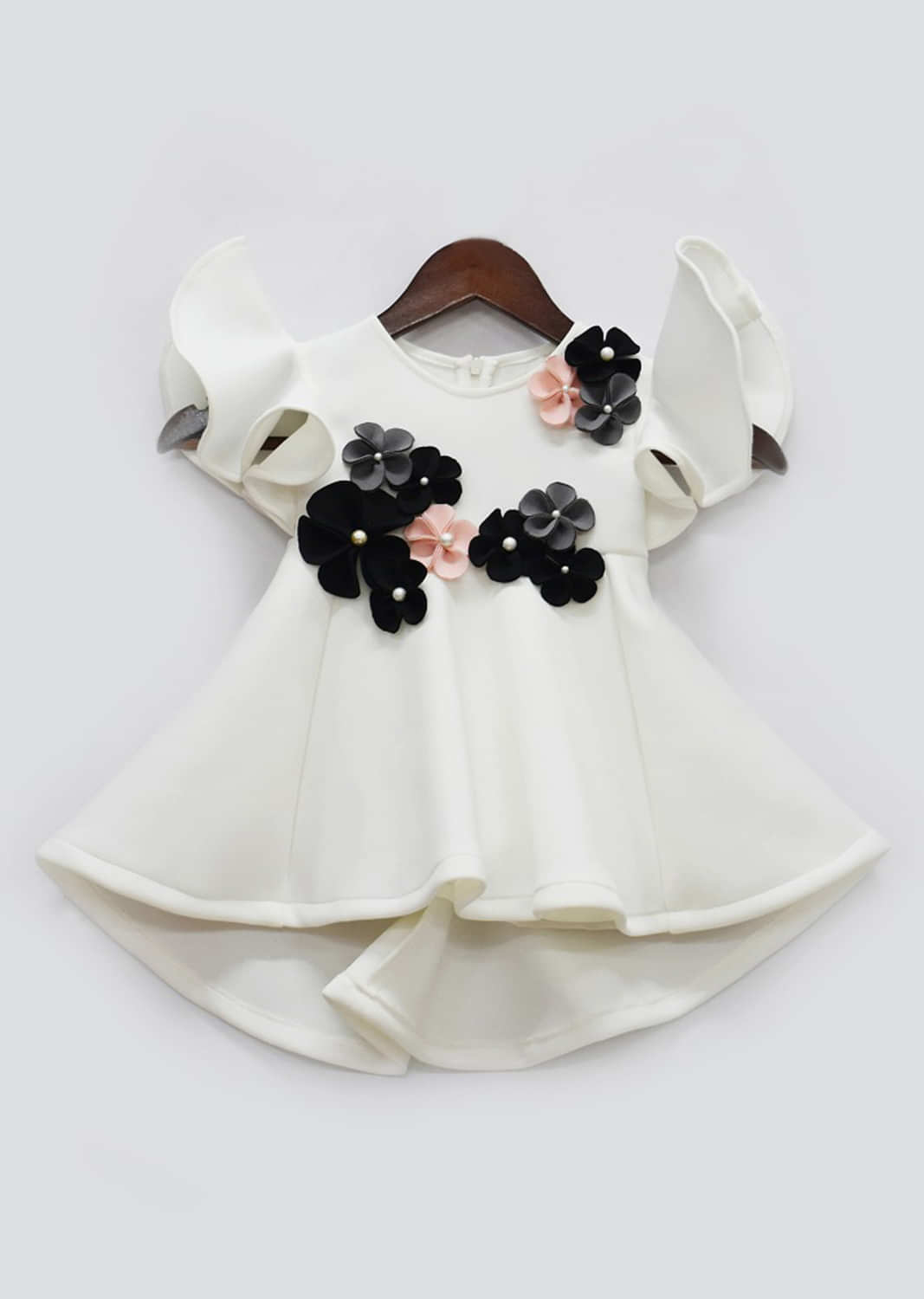 Kalki Girls Off white high low dress in lycra with 3D flowers and ruffle sleeves by fayon kids