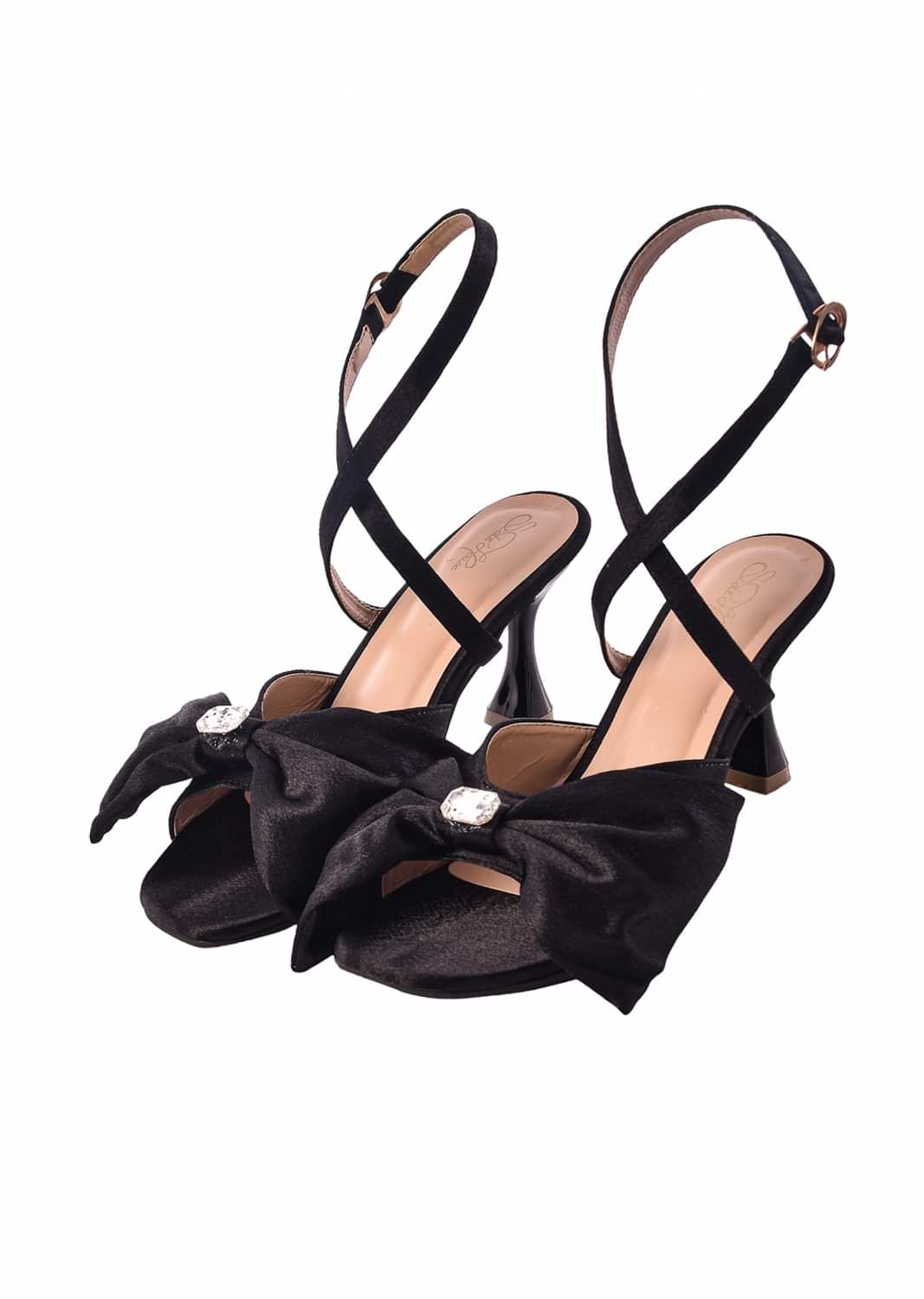Solid Black 3-inch Pencil heels With Satin Bow And Gemstones