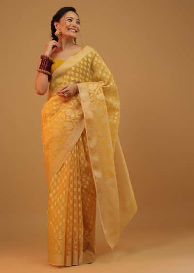 Spectra Yellow Saree In Pure Handloom Cotton Woven In Banarasi Chanderi