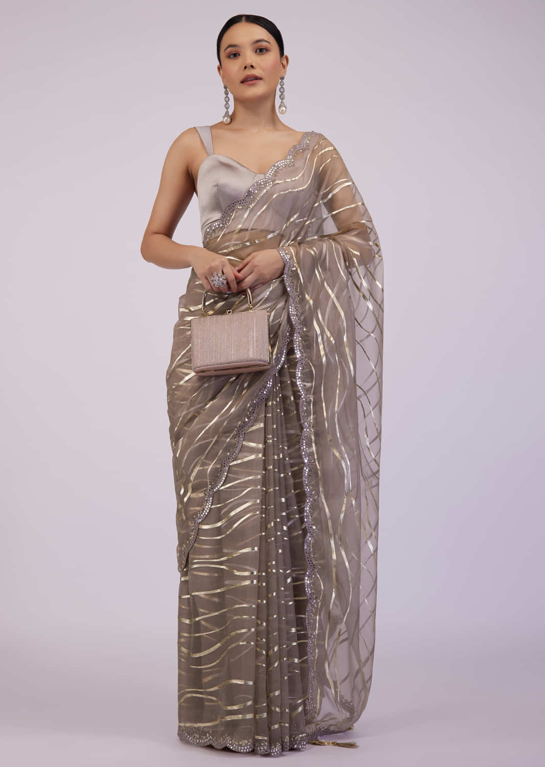 Mocha Brown Saree In Organza With Foil Print And Embroidery