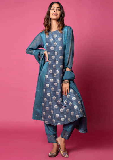 Spruce Blue A Line Suit With Floral Hand Woven Banarasi On The Centre Kali And Cheeta Embroidery Online - Kalki Fashion