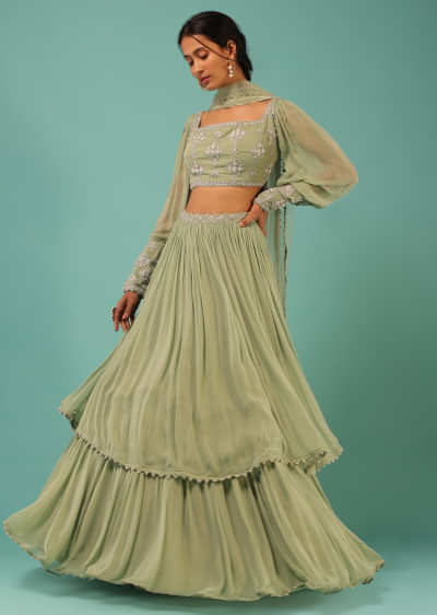Spruce Green Layered Lehenga And Crop Top With Balloon Sleeves And Cut Dana Detailing