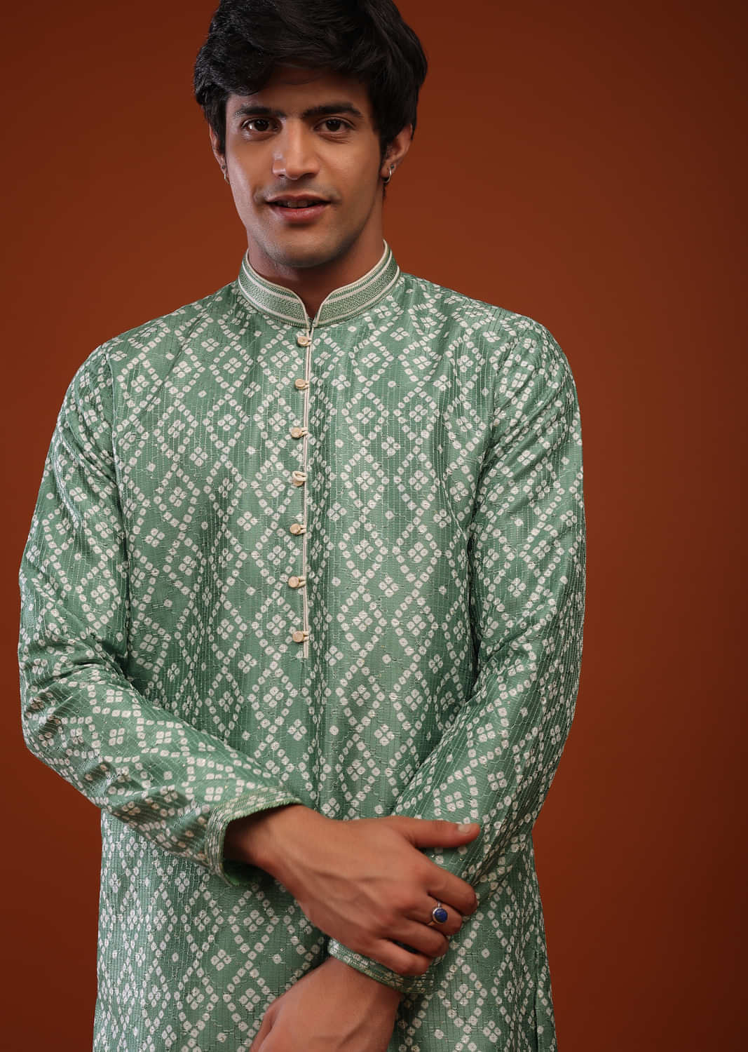 Spruce Green Silk Kurta Set With Bandhani Print, Sequins And Threadwork Embroidery