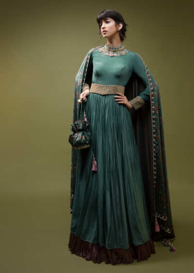 Steel Blue Anarkali With A Floral Printed Satin Dupatta And Moti Embroidered Belt And Neckline  
