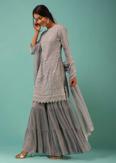 Stone Blue Sharara Suit In Cotton Silk With Cut Dana Embroidered Mesh And Moti Detailed Delicate Floral Motifs