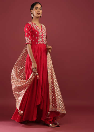 Strawberry Red High Low Anarkali Suit With A Front Slit, Zardosi Embroidered Flowers And Peach Lurex Dupatta
