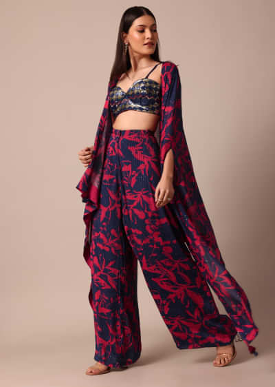 Stunning Red And Navy Floral Printed Palazzo With Sequence Embroidered Crop Top And Jacket Set