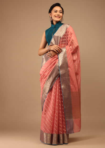Sugar Coral Pink Saree In Banarsi Chanderi & Pure Handloom Cotton