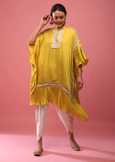 Sulphur Yellow Kaftan Suit Embroidered In Satin With Dhoti Pants