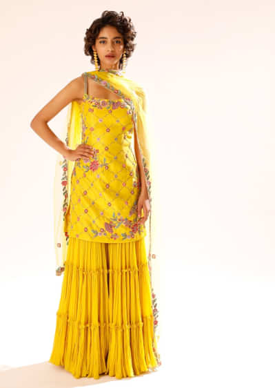 Sun Yellow Sharara Suit With Colorful Resham And Cut Dana Embroidered Floral And Moroccan Motifs  