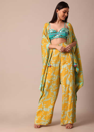 Sunshine Yellow Floral Printed Palazzo With Jacket And Sky Blue Sequence Embroidered Crop Top