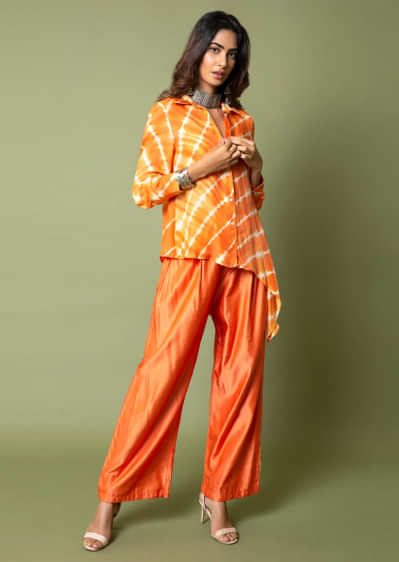 Tangerine Orange Asymmetric Shirt And Pants With Resist Hand Dyed Lehariya And Shell Buttons 