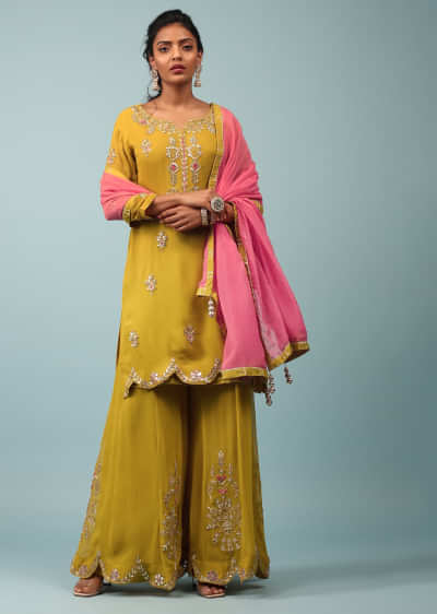 Tawny Olive Yellow Palazzo Suit Set In Georgette
