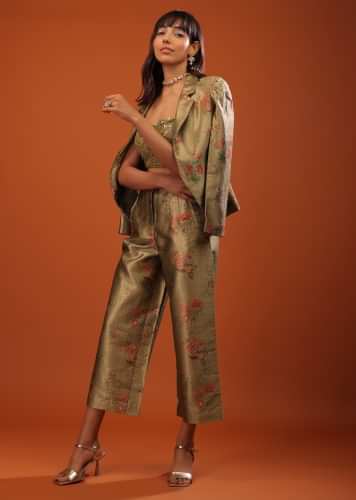 Tea-Green Three-Piece Suit With Cropped Pants, Sequin Crop Top And Woven Floral Motifs