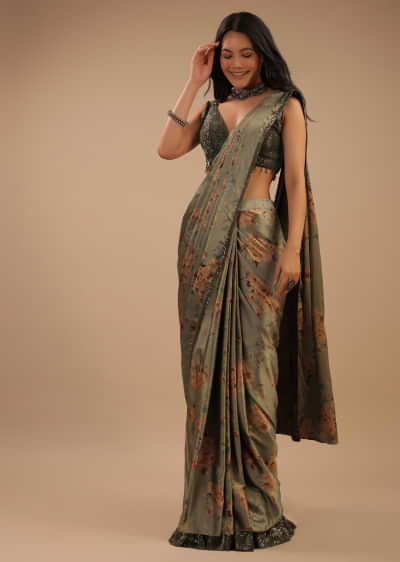 Tea Green Ready Pleated Satin Saree With Floral Print And Sequins Blouse