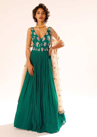 Teal Anarkali Suit In Crushed Georgette With Colorful Resham And Cut Dana Embroidered Floral Buttis  