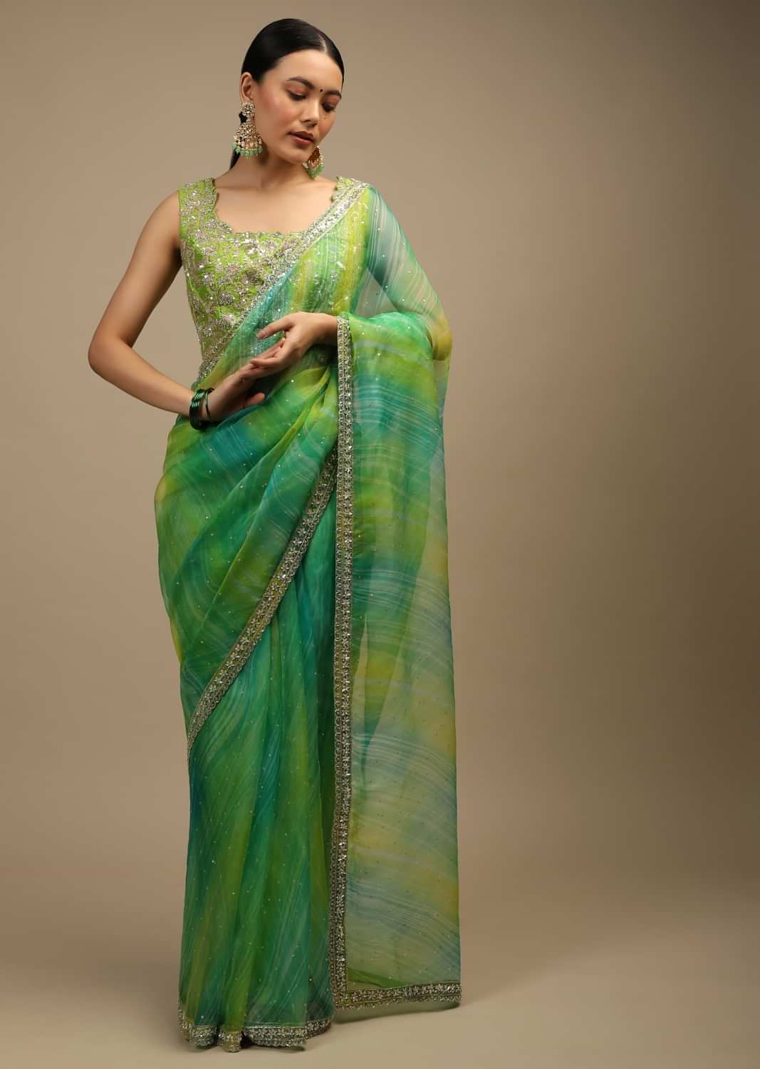 Teal And Lime Shaded Saree In Organza With Lehariya Print, Sequin Accents And Lime Raw Silk Blouse With Embroidered Jaal  