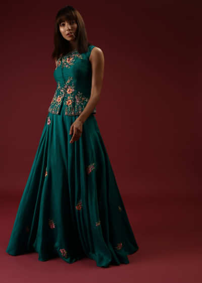 Teal Blue Lehenga And Long Top In Raw Silk With Multi Colored Resham And Moti Embroidered Floral Design 
