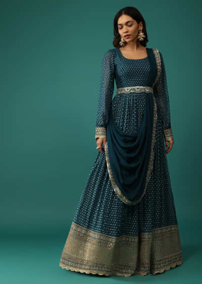 Teal Blue Anarkali Set In Georgette With Attached Drape 