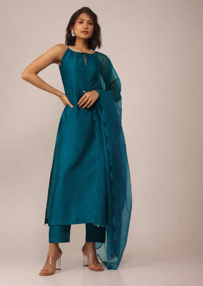 Teal Blue Plain Suit Set In Art Silk With Tassels Adorned Dupatta