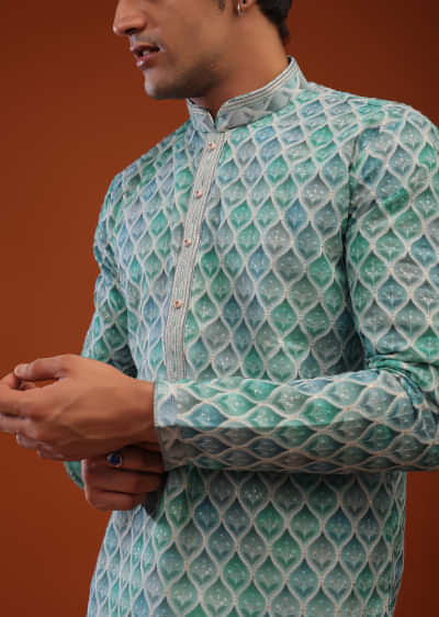 Teal Blue Shadded Block Printed Georgette Kurta With Lucknowi Thread Work, Moroccan Jaal And Floral Buttis