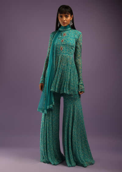 Teal Blue Sharara Suit In Georgette With All Over Print And Churidar Sleeves  