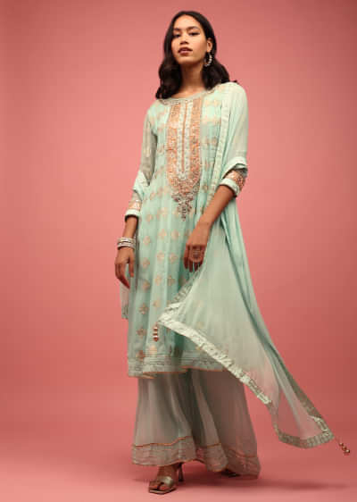 Teal Green Anarkali Suit Fully Georgette, Paired With Palazzo And Dupatta