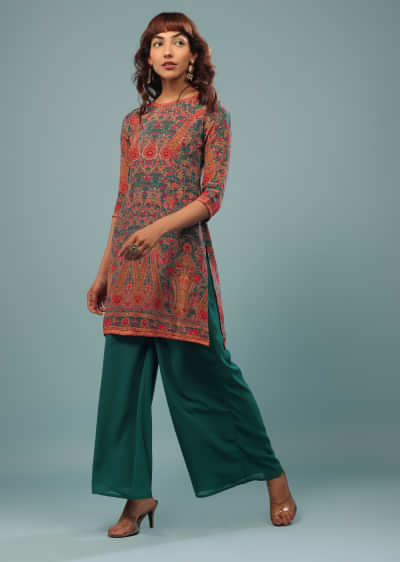 Emerald Green Printed Palazzo Suit In Georgette With Multicolored Kashmiri Print