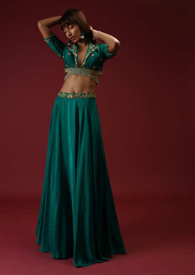 Teal Skirt And Crop Top With Lapel Collar Neckline And Side Cut Out Detailing Featuring Multi Colored Handwork 