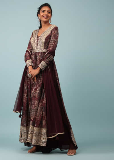 Tibetan Red Chinon Palazzo Suit With Embroidery