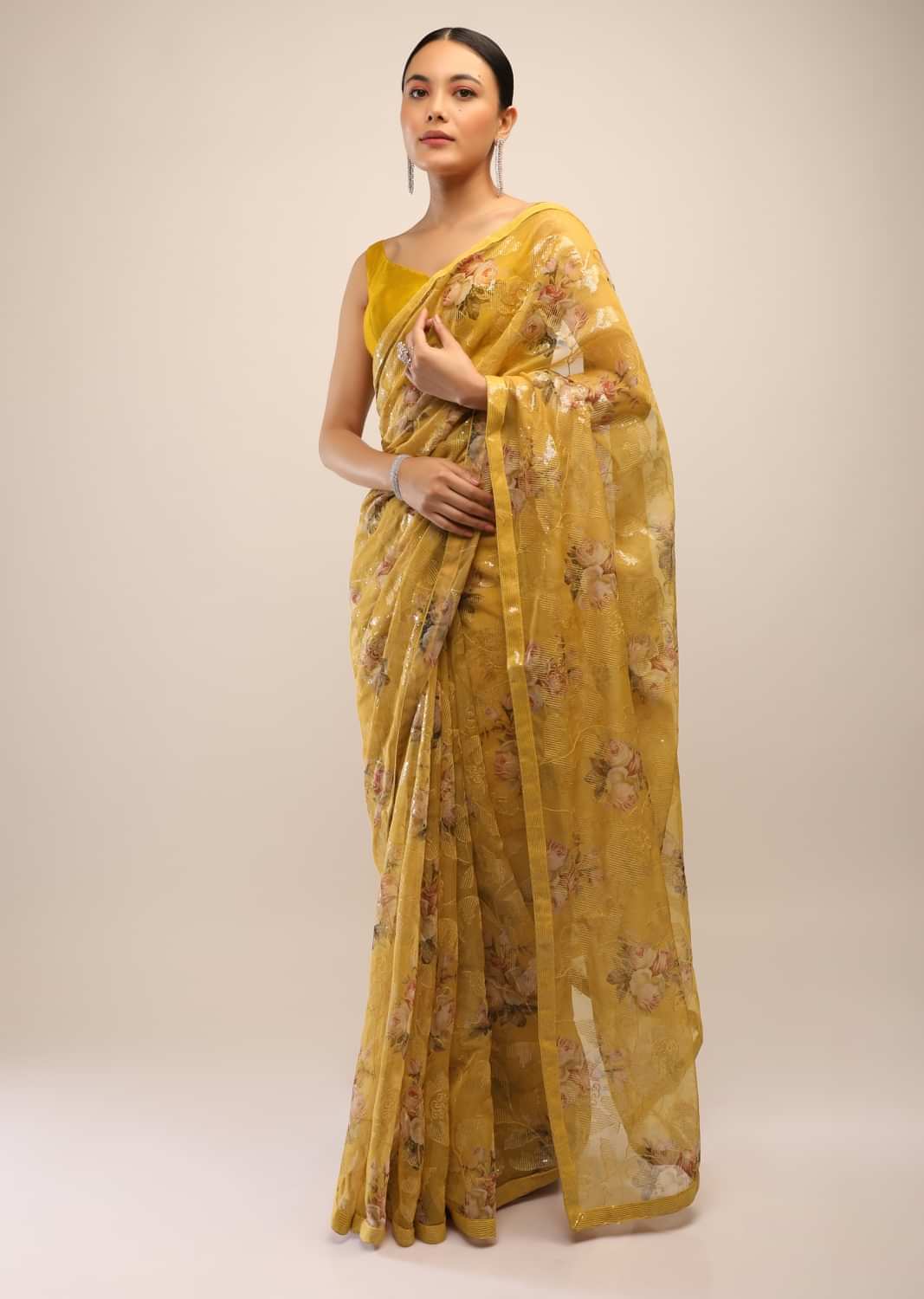 Tinsel Yellow Saree In Organza With Floral Print And Transparent Sequins Embroidery