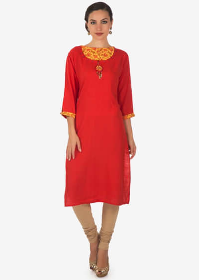 Tomato Red Kurti With Fancy Neckline In Buttons And Tassel