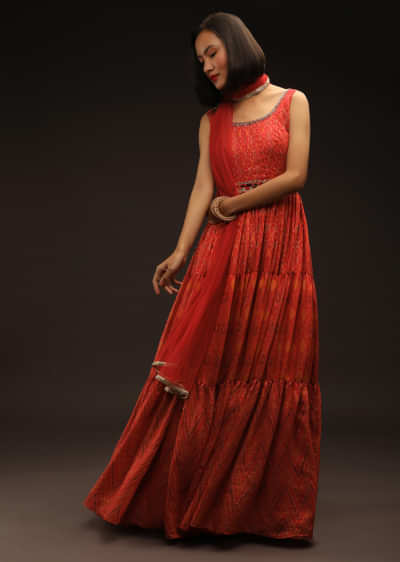 Tomato Red Anarkali Suit In Silk With Ikkat Print And Mirror Embroidery
