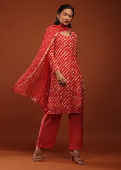 Tomato Red Straight Cut Suit With Lehariya Print And Mirror Buttis