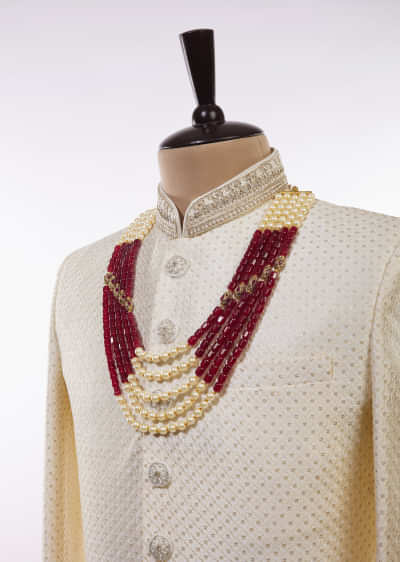 Traditional Maroon Red Beaded And Ivory Pearl Mala