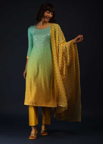 Turquoise And Yellow Shaded Palazzo Suit With Bandhani Print And Chevron Dupatta  