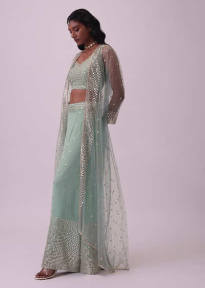 Turquoise Blue Palazzo And Blouse Set In Georgette With Sequins Work