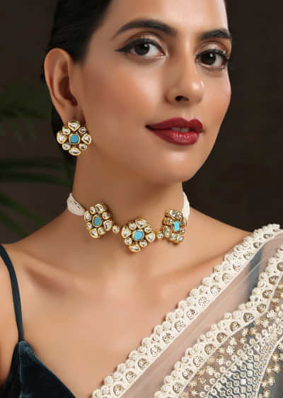 Turquoise Stone Choker And Earrings Set With Floral Kundan And Pearl Strings By Paisley Pop