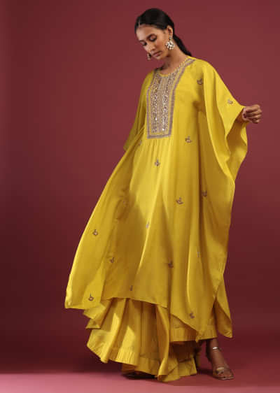 Vibrant Yellow Kaftan Suit With High Low Palazzo Pants And Zardosi Embroidered Yoke Design