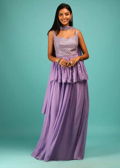 Violet Tulip Palazzo And Peplum Suit In Georgette With Heavy Mirror Work On The Bodice  
