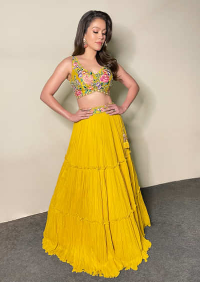 Waluscha De Sousa In Kalki Tuscan Sun Yellow Tiered Lehenga Choli In Georgette With Colorful Resham Embroidered Floral Motifs