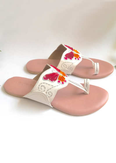 White Flats With Pink And Orange Velvet Patchwork In Butterfly Motif And Accents Of Zari Online By Sole House
