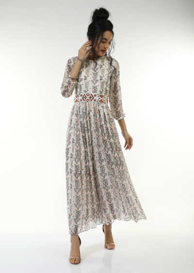 White Jumpsuit In Georgette Crepe With Floral Print And A Thread Embroidered Belt At The Waist  