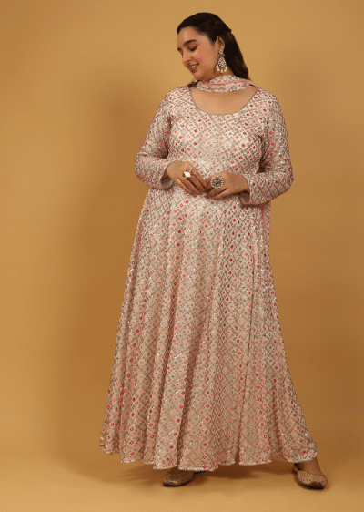 White Anarkali Suit Tailored In Georgette With Multi Color Resham And Abla Work All Over