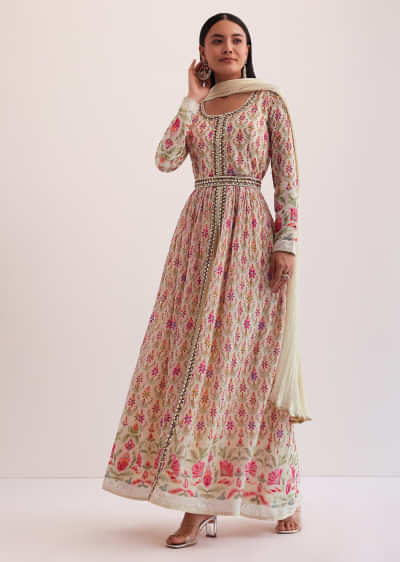 White And Pink Embroidered Anarkali Set
