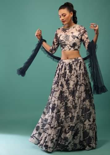 White Blouse And Skirt Set With Midnight Blue Floral Print Along With Frills And Sequins