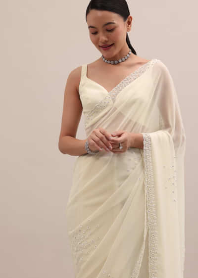 White Georgette Saree In Sequins With Unstitched Blouse