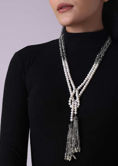 White Pearl And Grey Tassel Tie Necklace